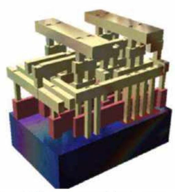 3D-structuur van de laagjes op een chip. De geleidende pilaartjes van metaal met alle componenten van de chip worden laag voor laag opgebouwd, tot een dikte van enkele micrometers. De blauwe onderkant is de silicium wafer.